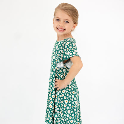Green Floral Ribbed Pocket Dress