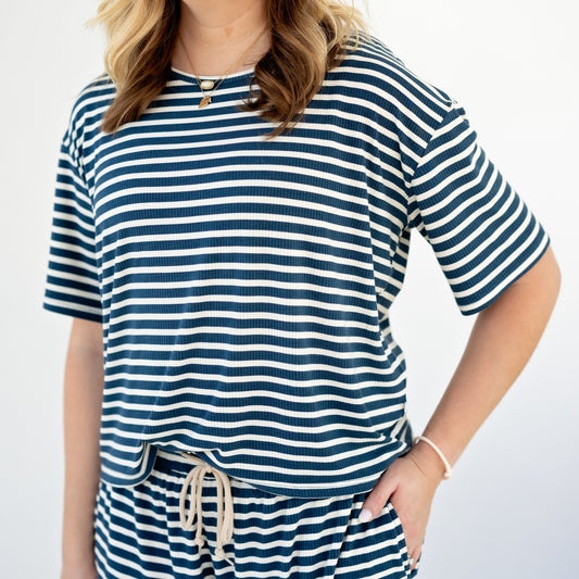 Nautical Blue Stripe Small Ribbed Women's Top