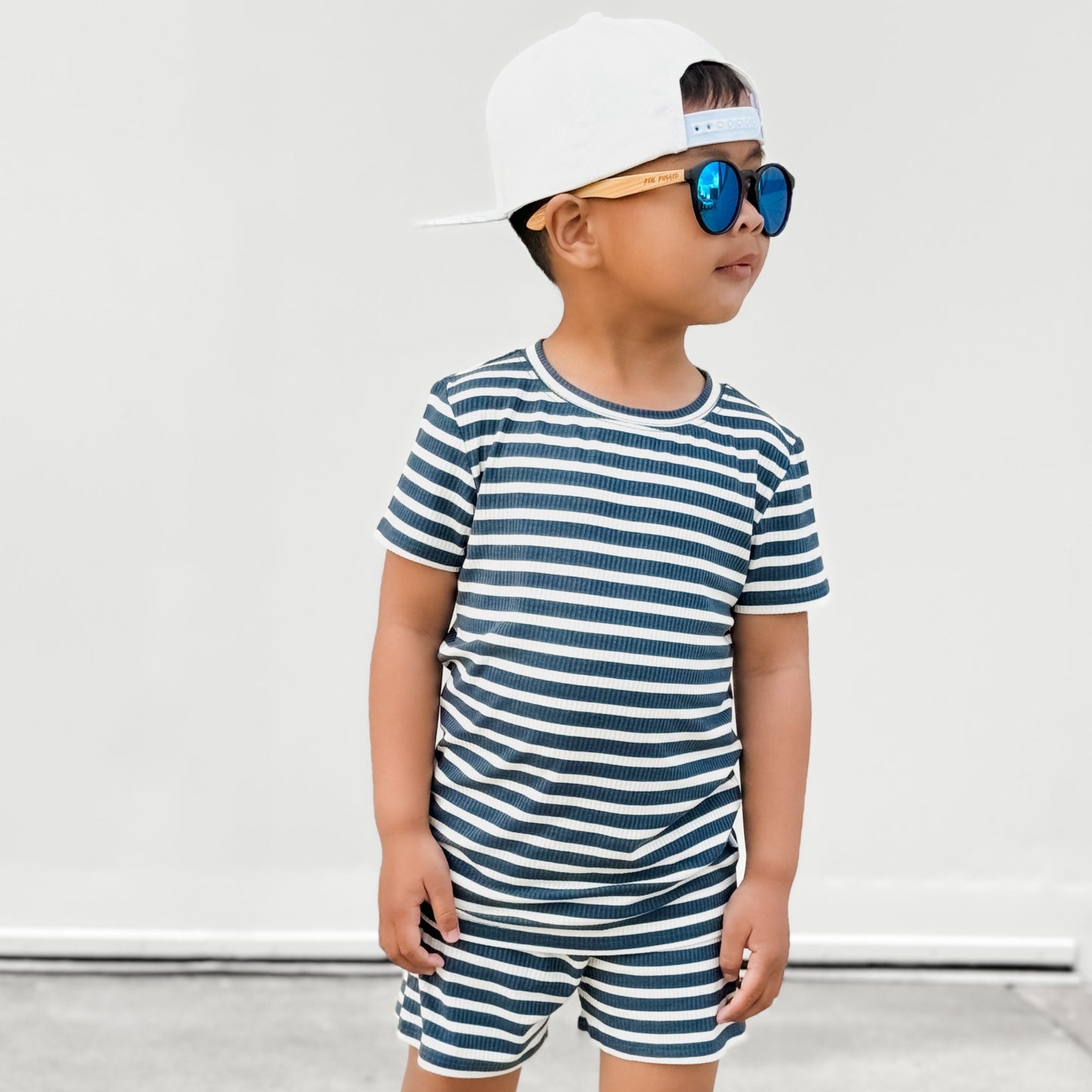 Nautical Blue Stripe Small Ribbed Shorts Two-Piece Set