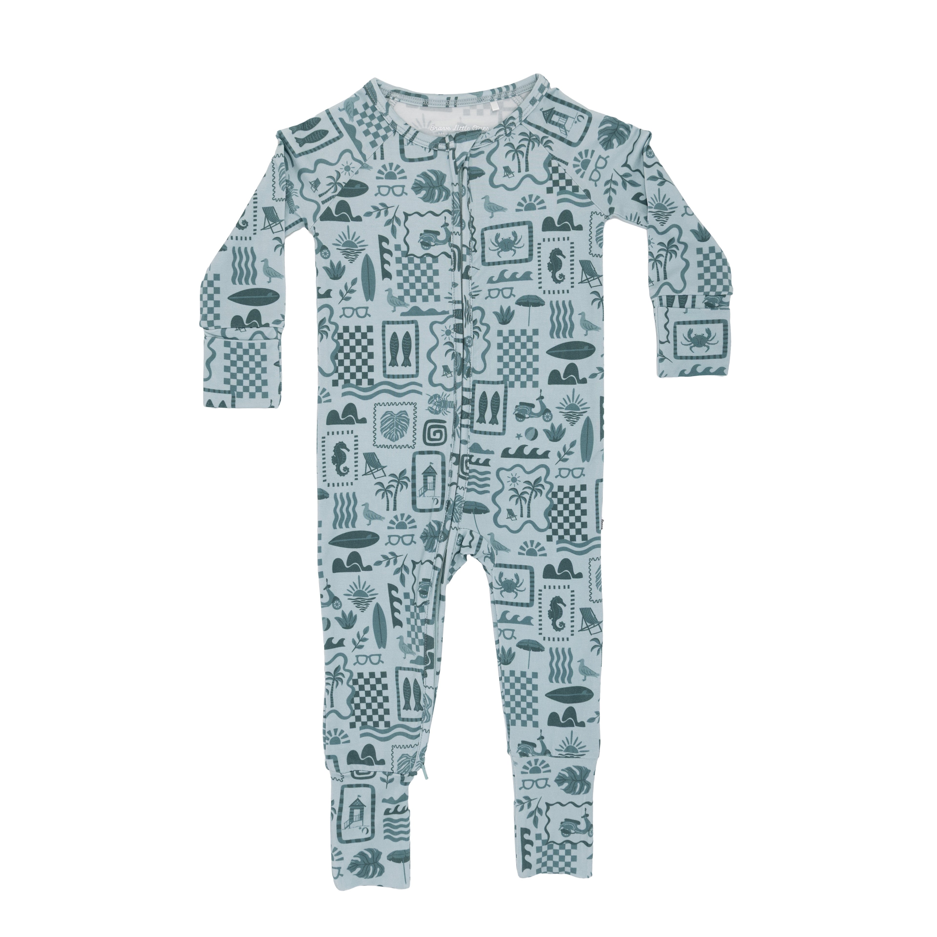 Children's blue onesie with summer patterns on a white background