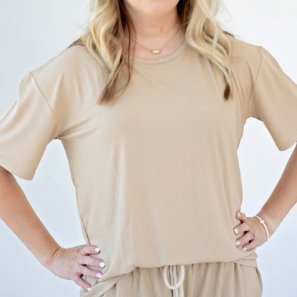 Tan Small Ribbed Women's Short Sleeve Top