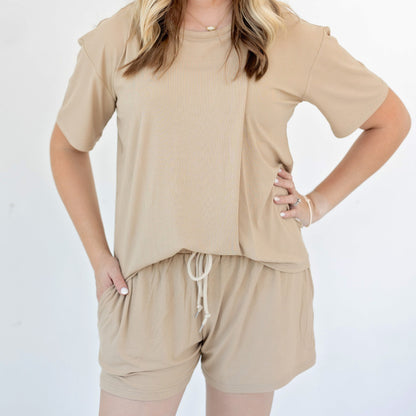 Tan Small Ribbed Women's Shorts Set