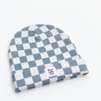 Slate Blue Checkered Bamboo Knit Beanie