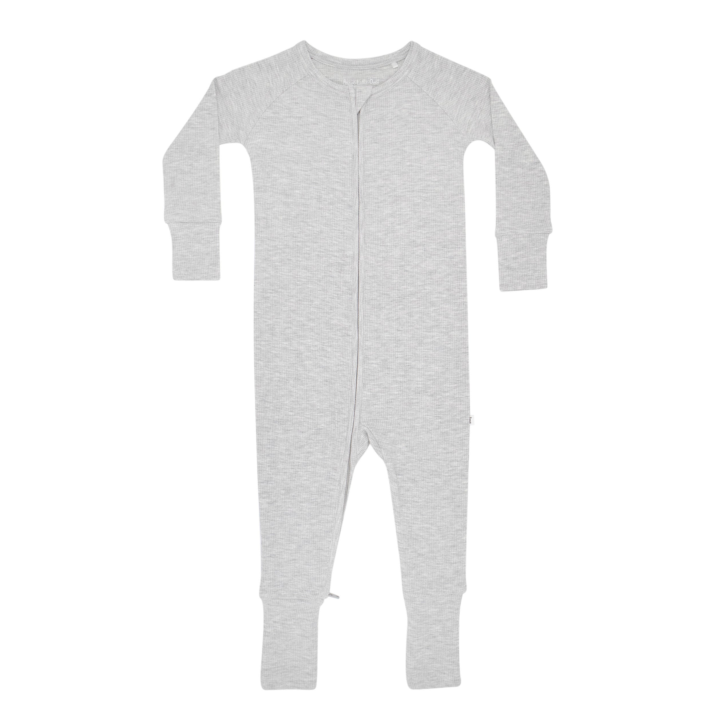 Gray baby onesie with a zipper on a white background