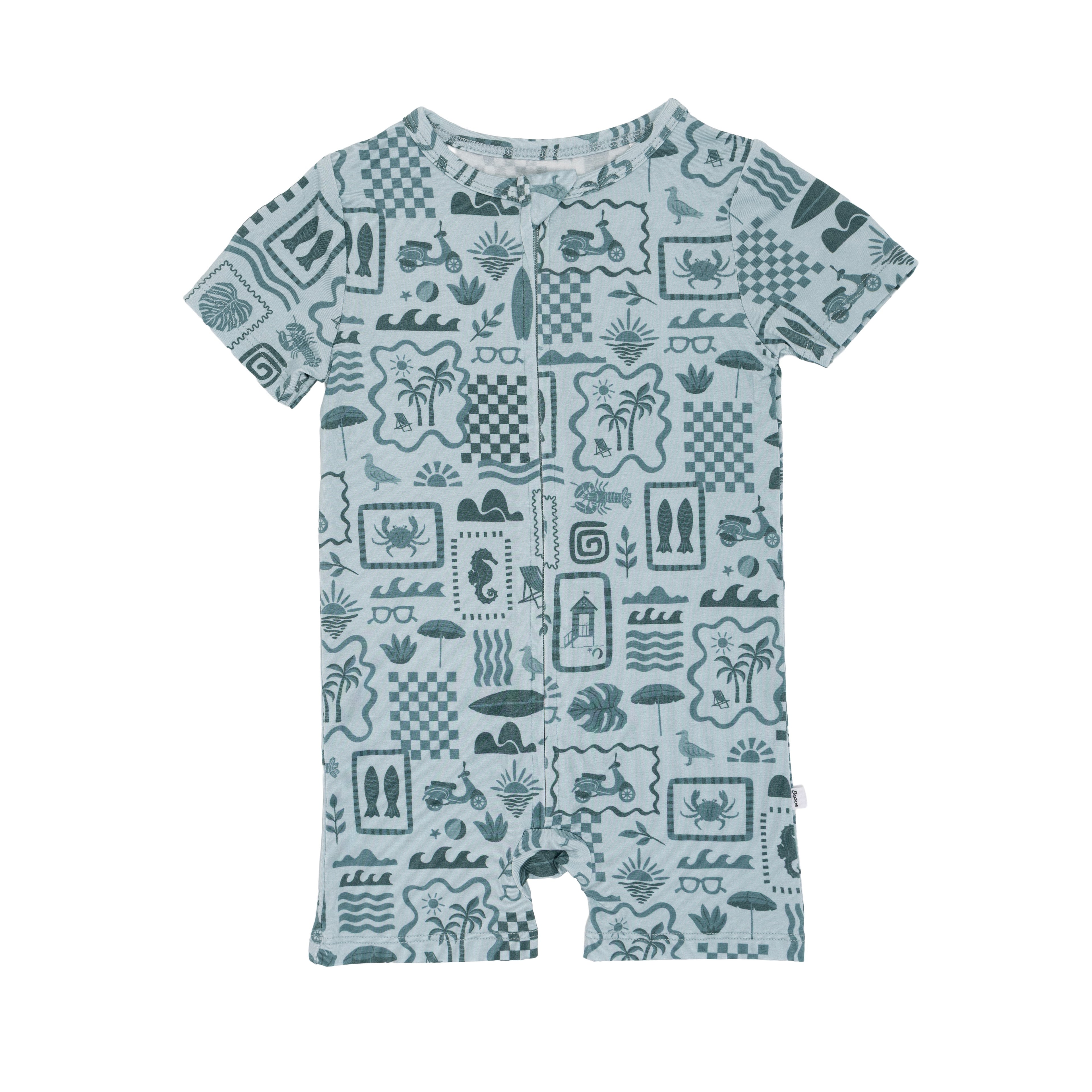 Children's short romper with a pattern of sea-themed illustrations on a white background
