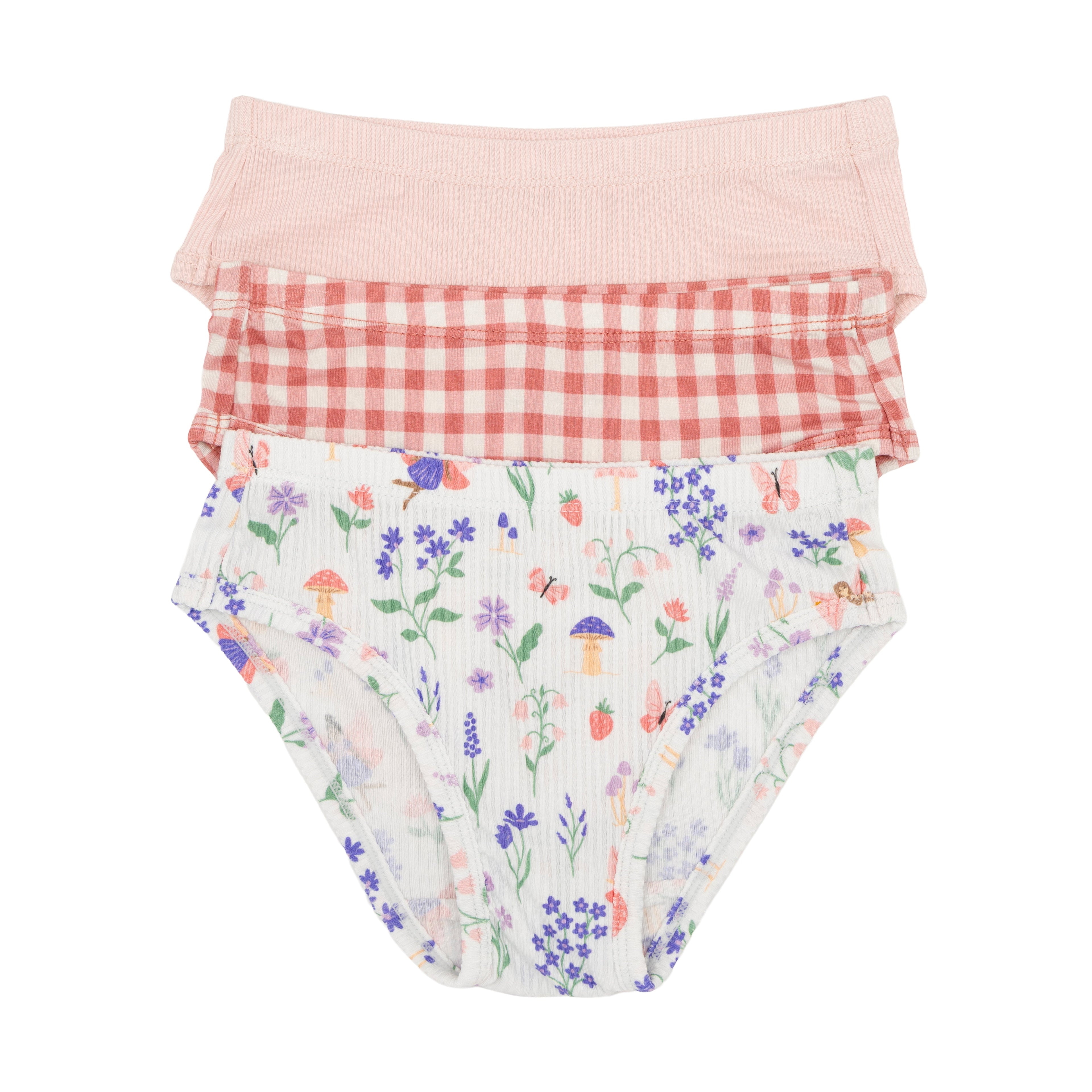 Fairy Garden, Mauve Small Gingham and Ballet Pink Small Ribbed Underwear 3 pack