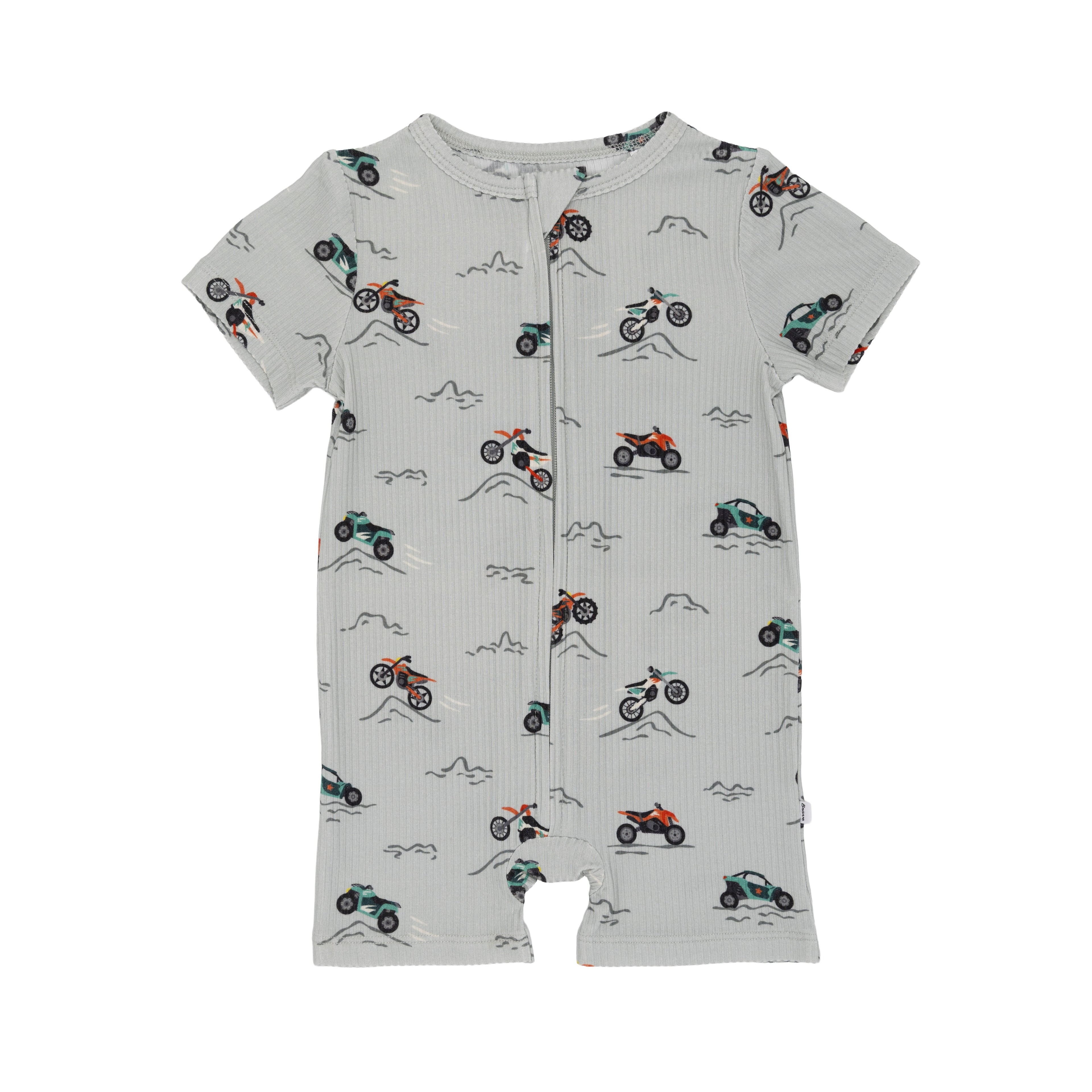 Baby romper with vehicle pattern on a white background