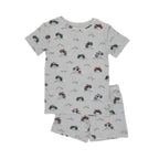 Children's shorts pajama set with vehicle pattern on a white background