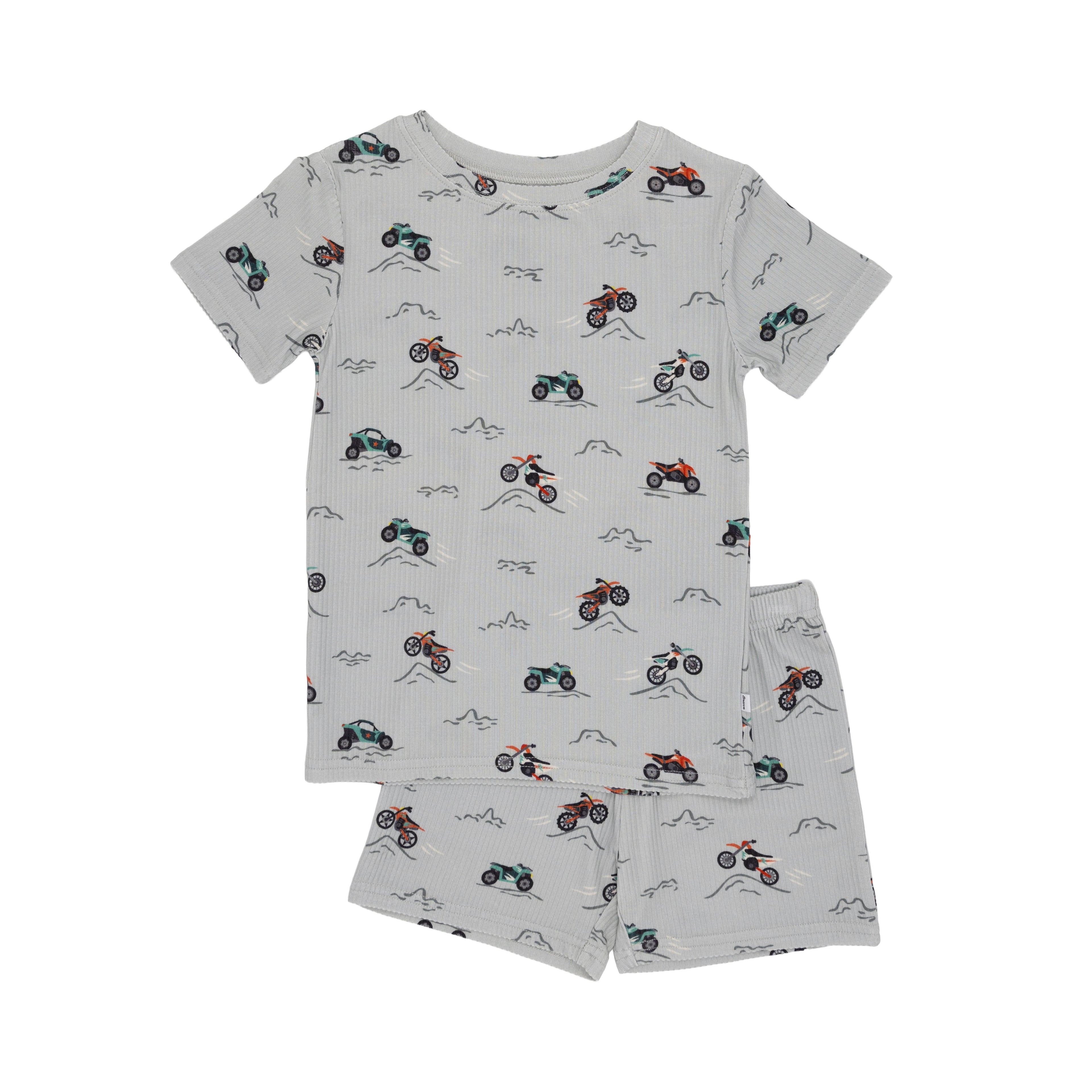Children's shorts pajama set with vehicle pattern on a white background