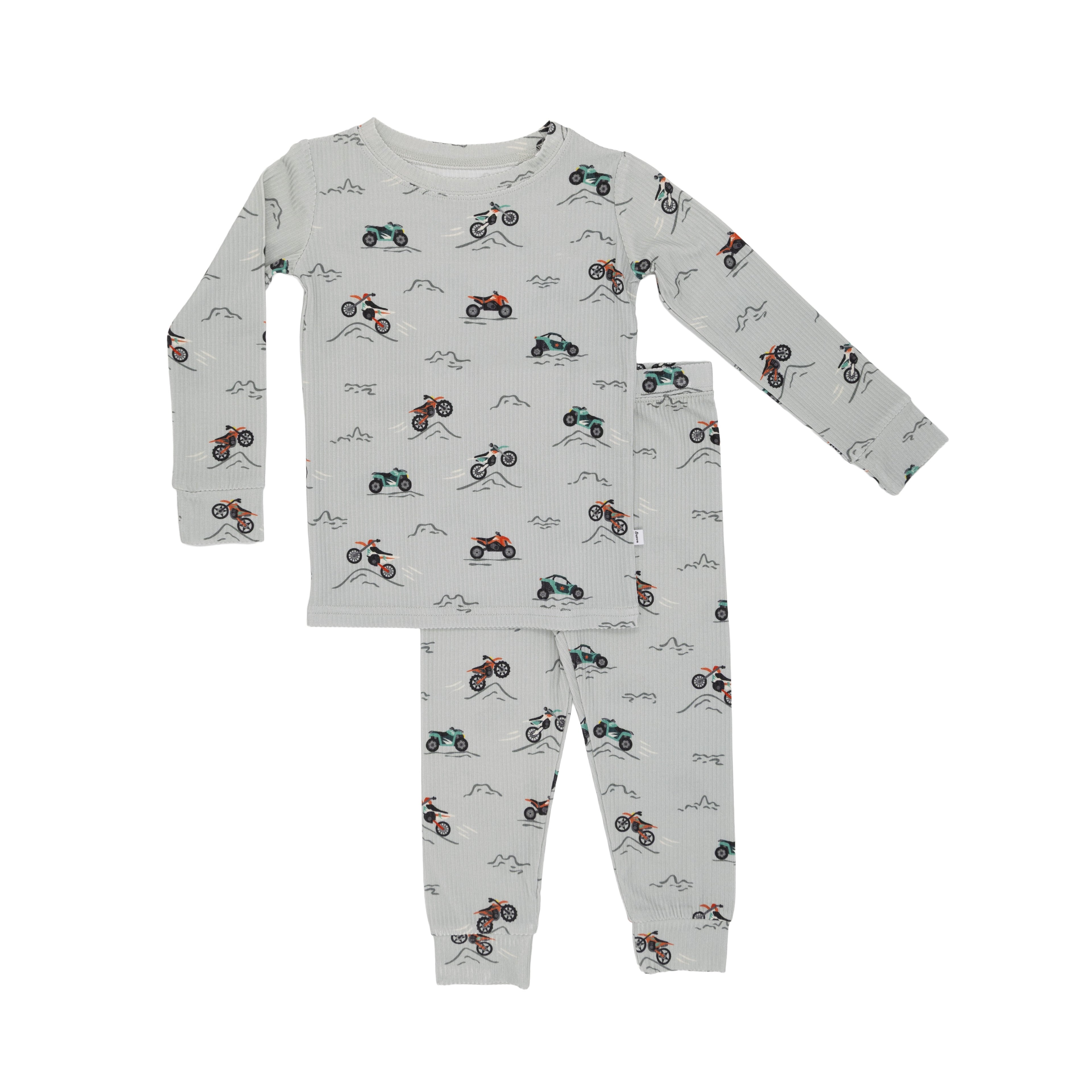 Children's pajama set with vehicle patterns on a white background