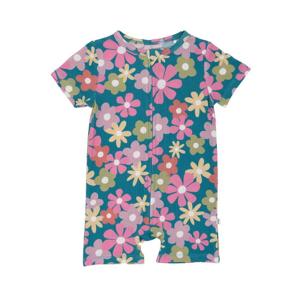 Retro Daisies Small Ribbed Summer Zip Romper