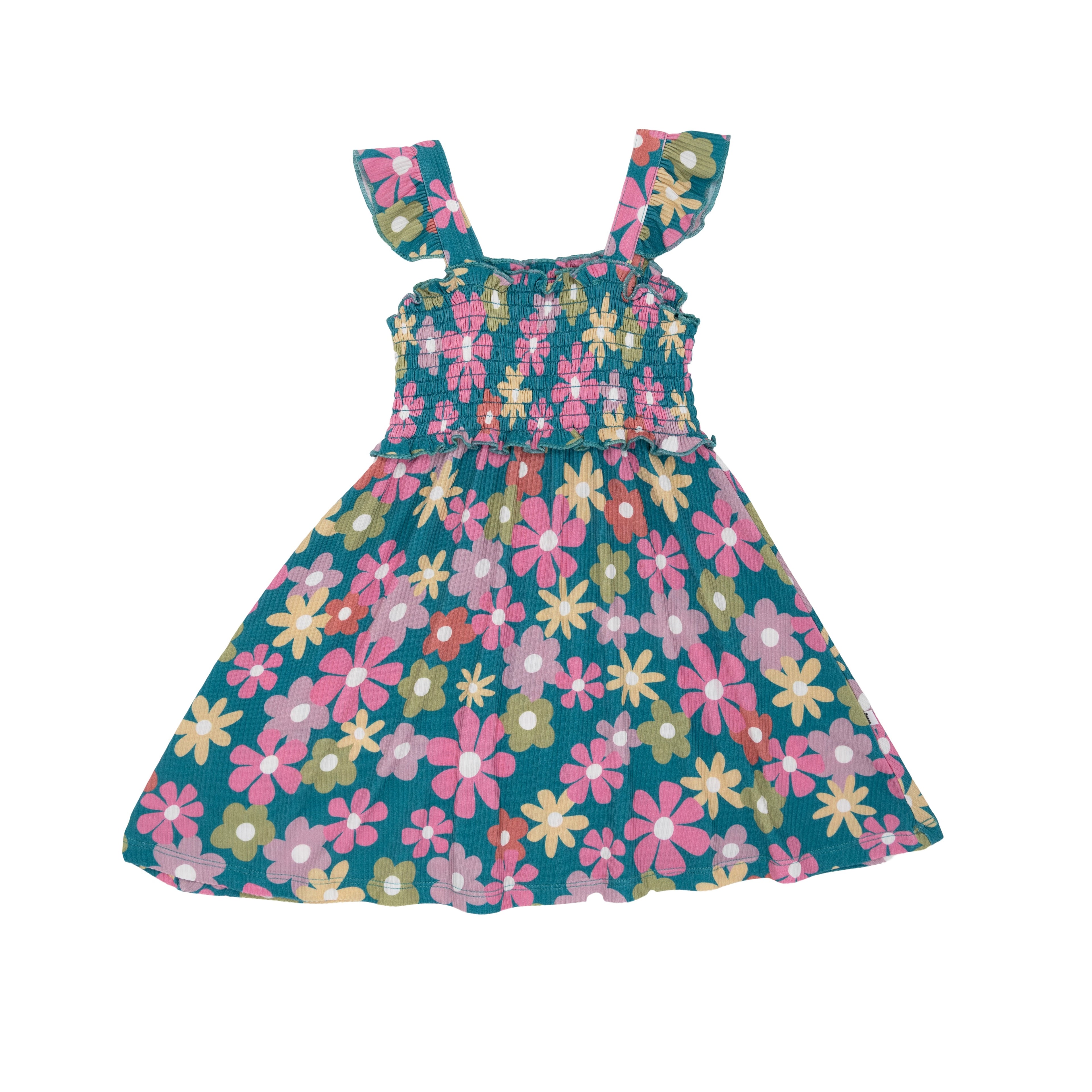 Retro Daisies Small Ribbed Flutter Sleeve Dress