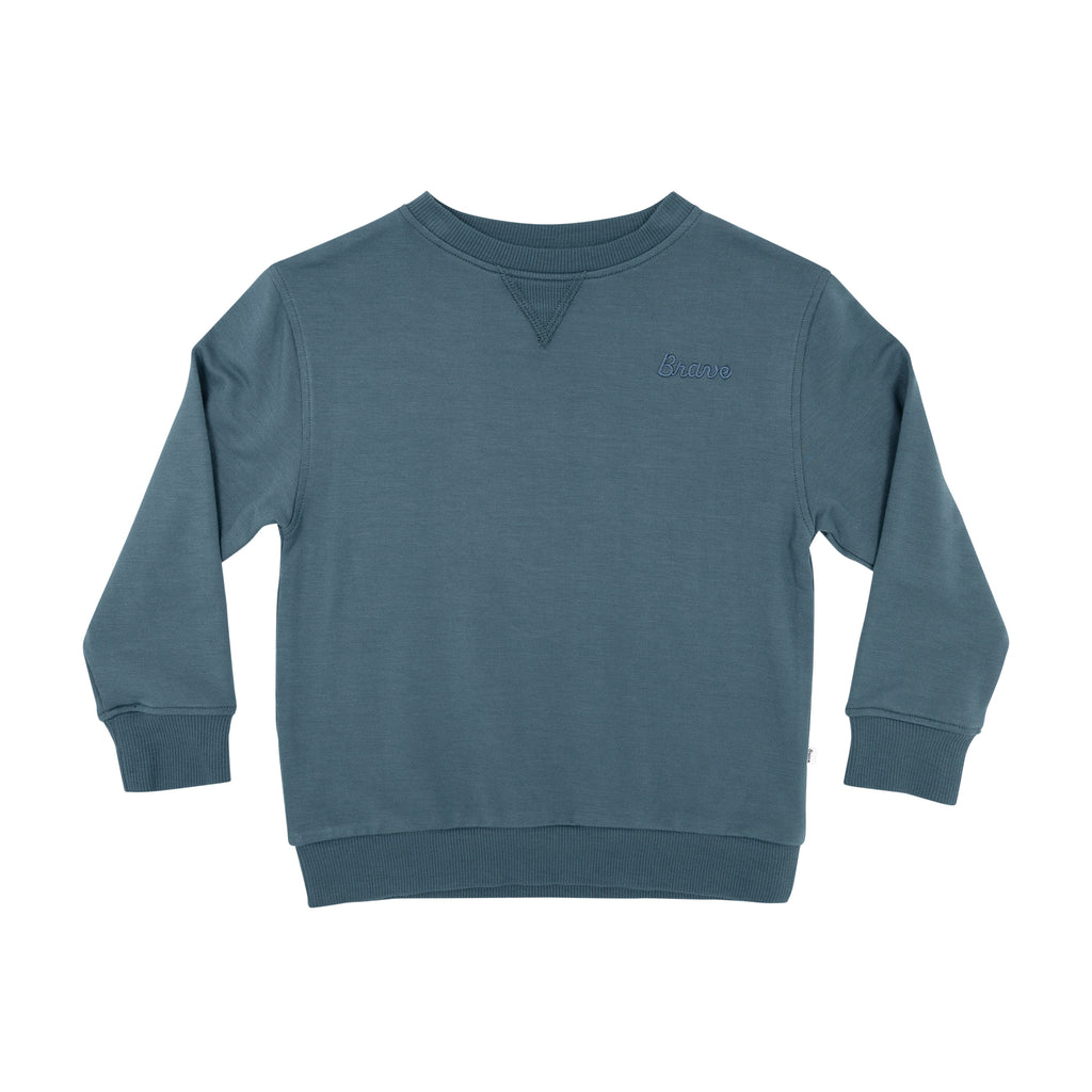 Dark Steel Blue with Brave Embroidered Bamboo French Terry Pullover