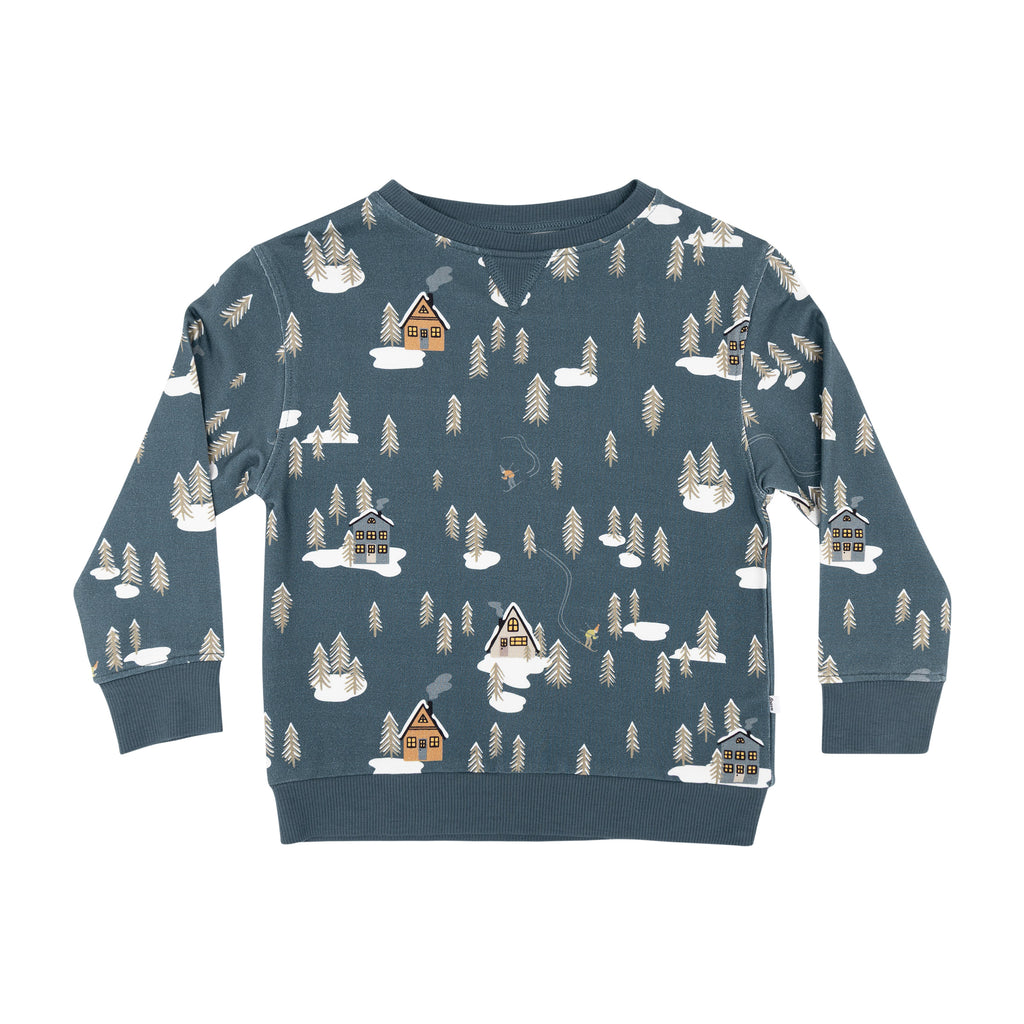 Snowy Village Dark Steel Blue Bamboo French Terry Pullover