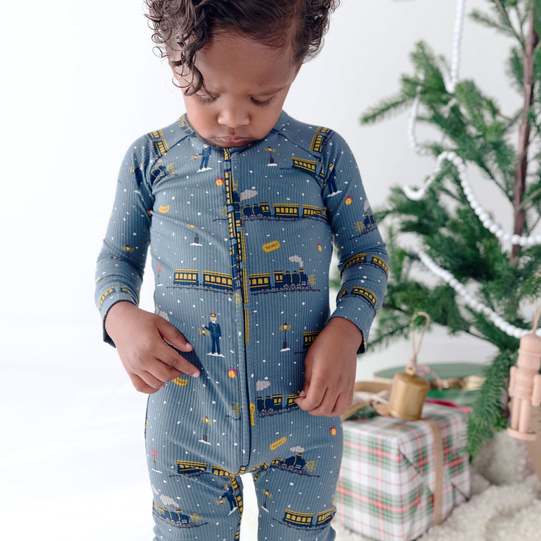Christmas Trains Small Ribbed Zip Romper