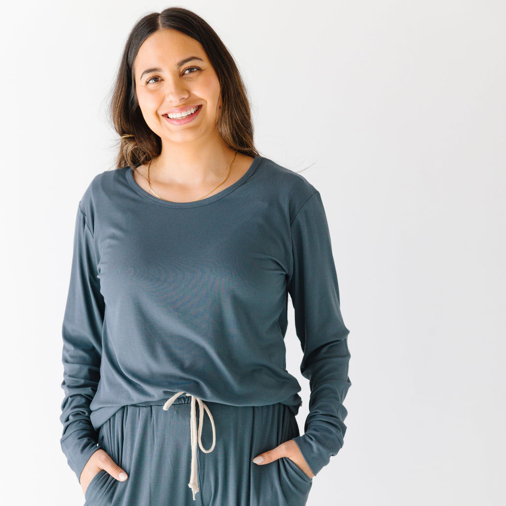 Dark Steel Blue Small Ribbed Women's Long Sleeve Top