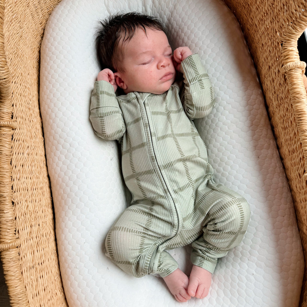 Grid Sage Green Small Ribbed Zip Romper