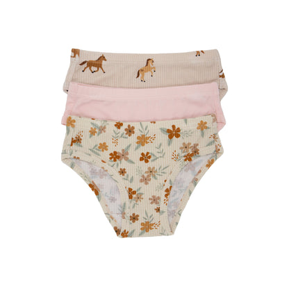 Autumn Floral, Ballet Pink and Horses Small Ribbed Underwear 3 Pack