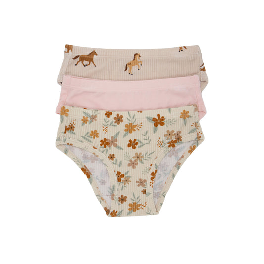 Autumn Floral, Ballet Pink and Horses Small Ribbed Underwear 3 Pack