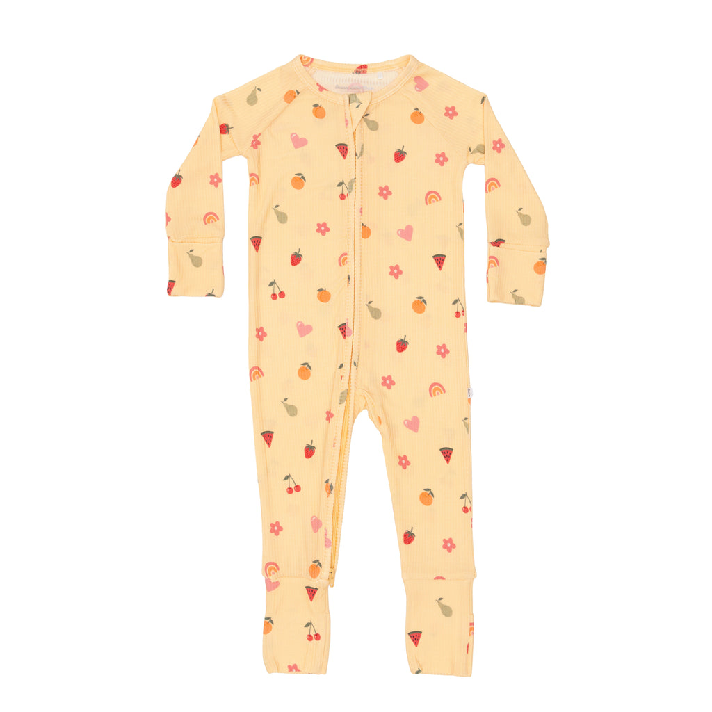Children's onesie with colorful pattern on a white background