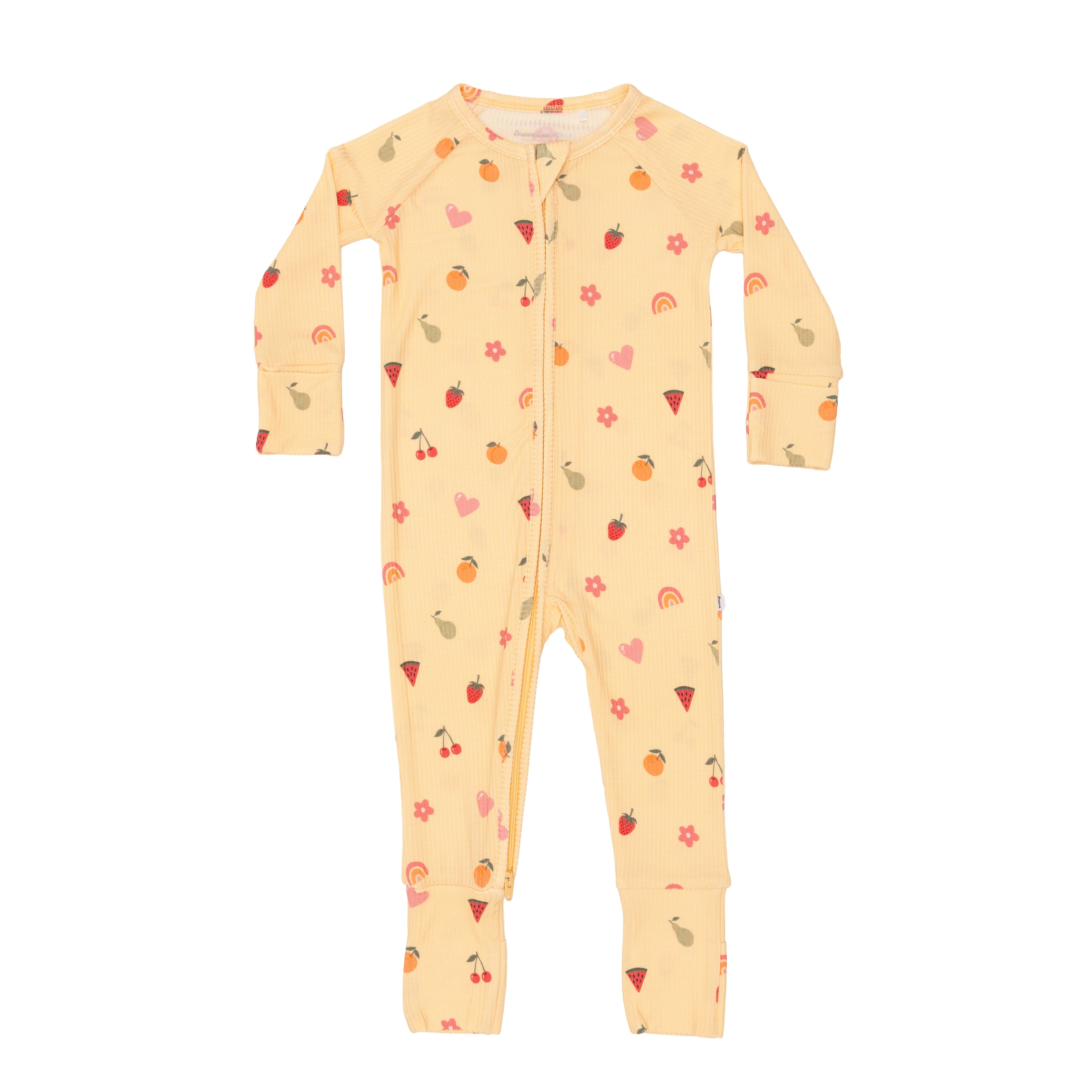 Children's onesie with colorful pattern on a white background
