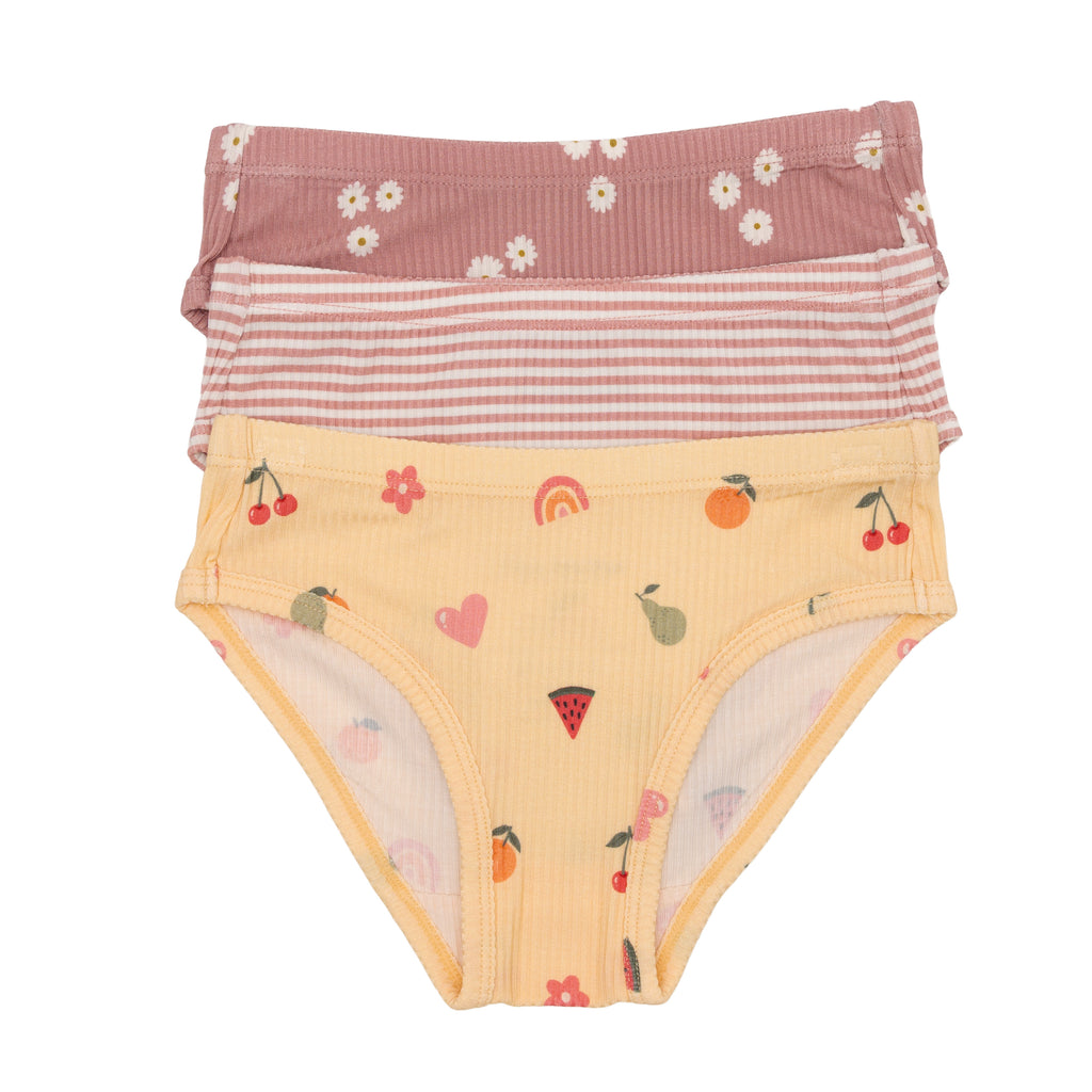 Set of three children's underwear with floral, girly, and striped patterns on a white background.