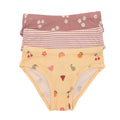 Set of three children's underwear with floral, girly, and striped patterns on a white background.