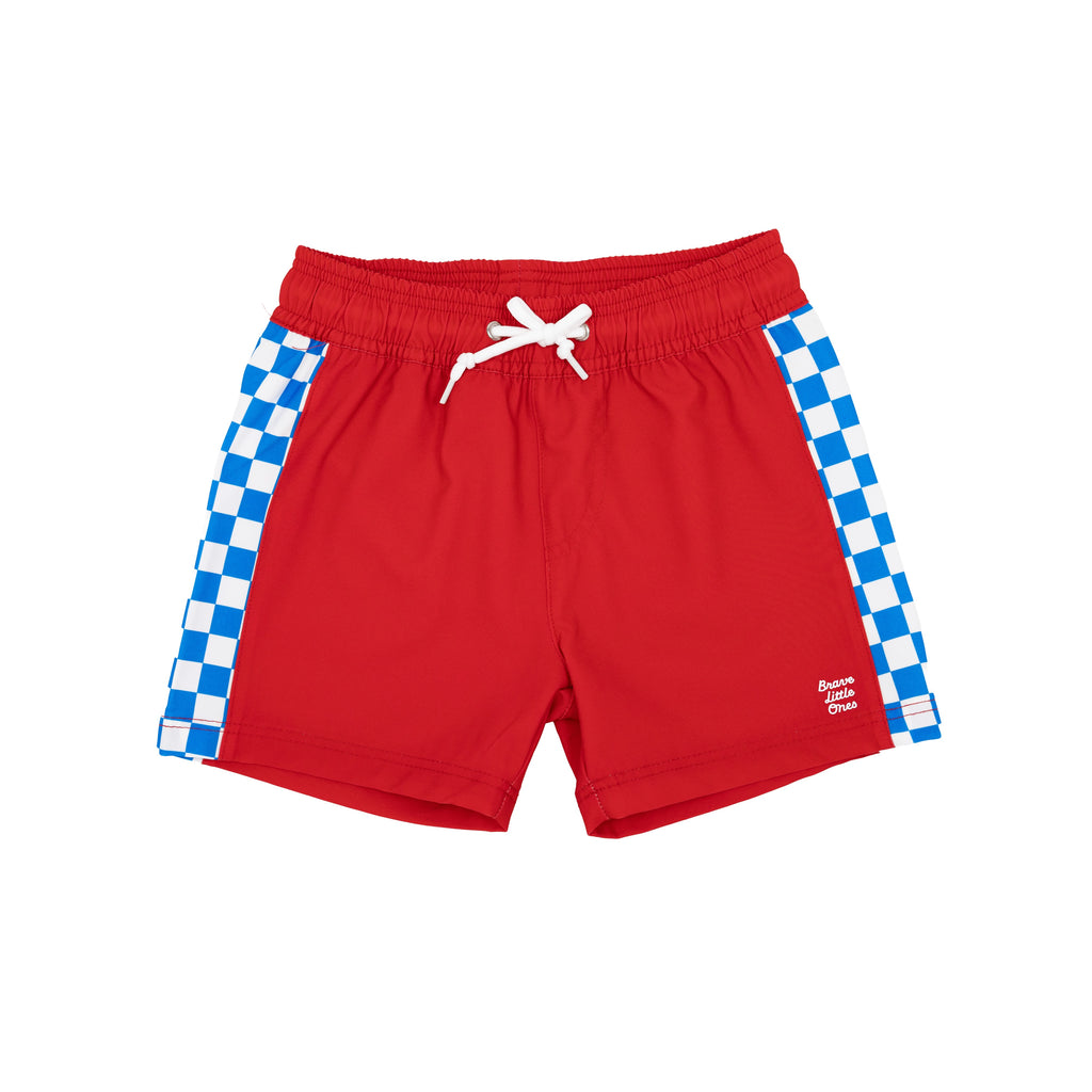 Red shorts with blue and white checkered sides on a white background