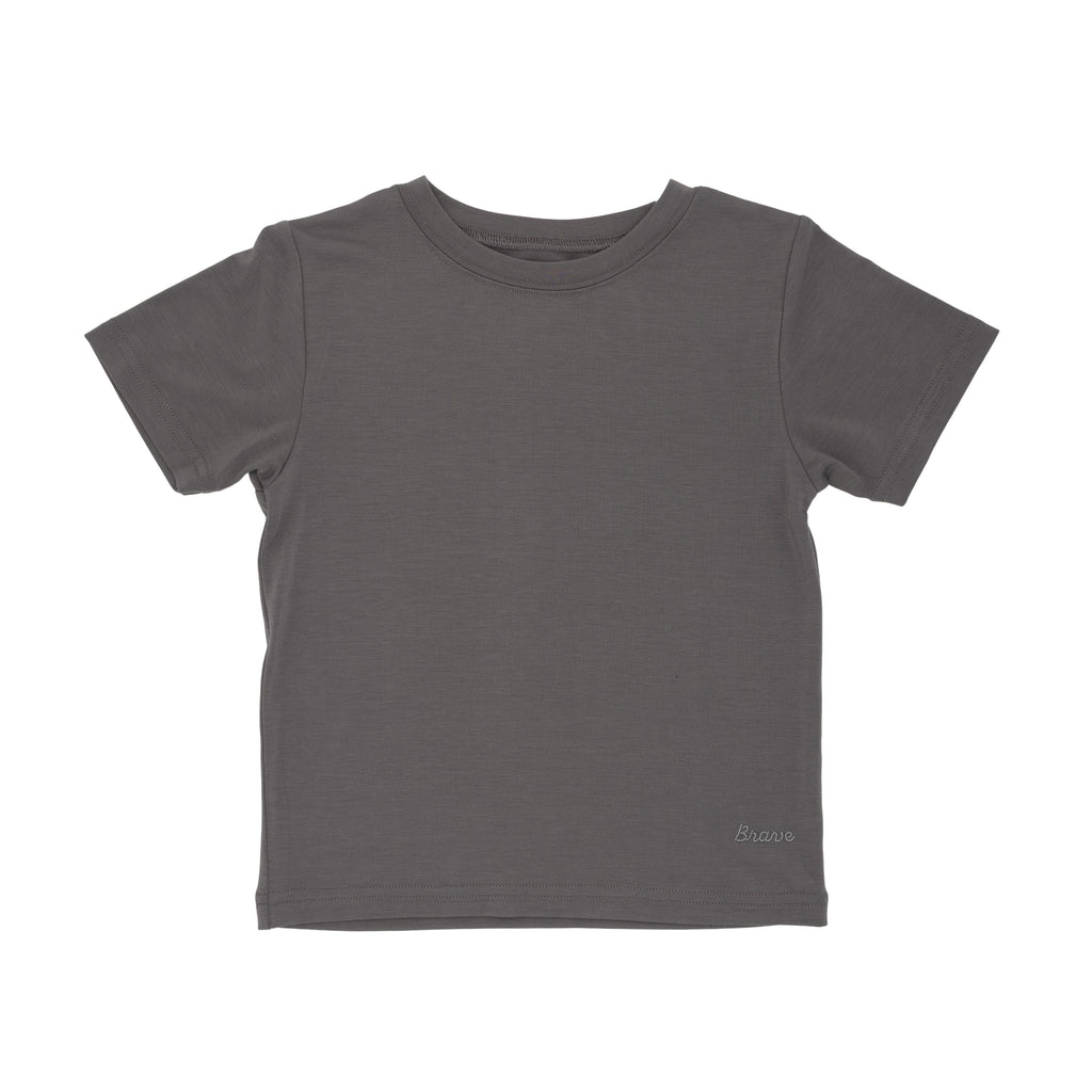 Plain dark gray t-shirt on a white background