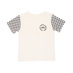 White t-shirt with checkered sleeves on a white background