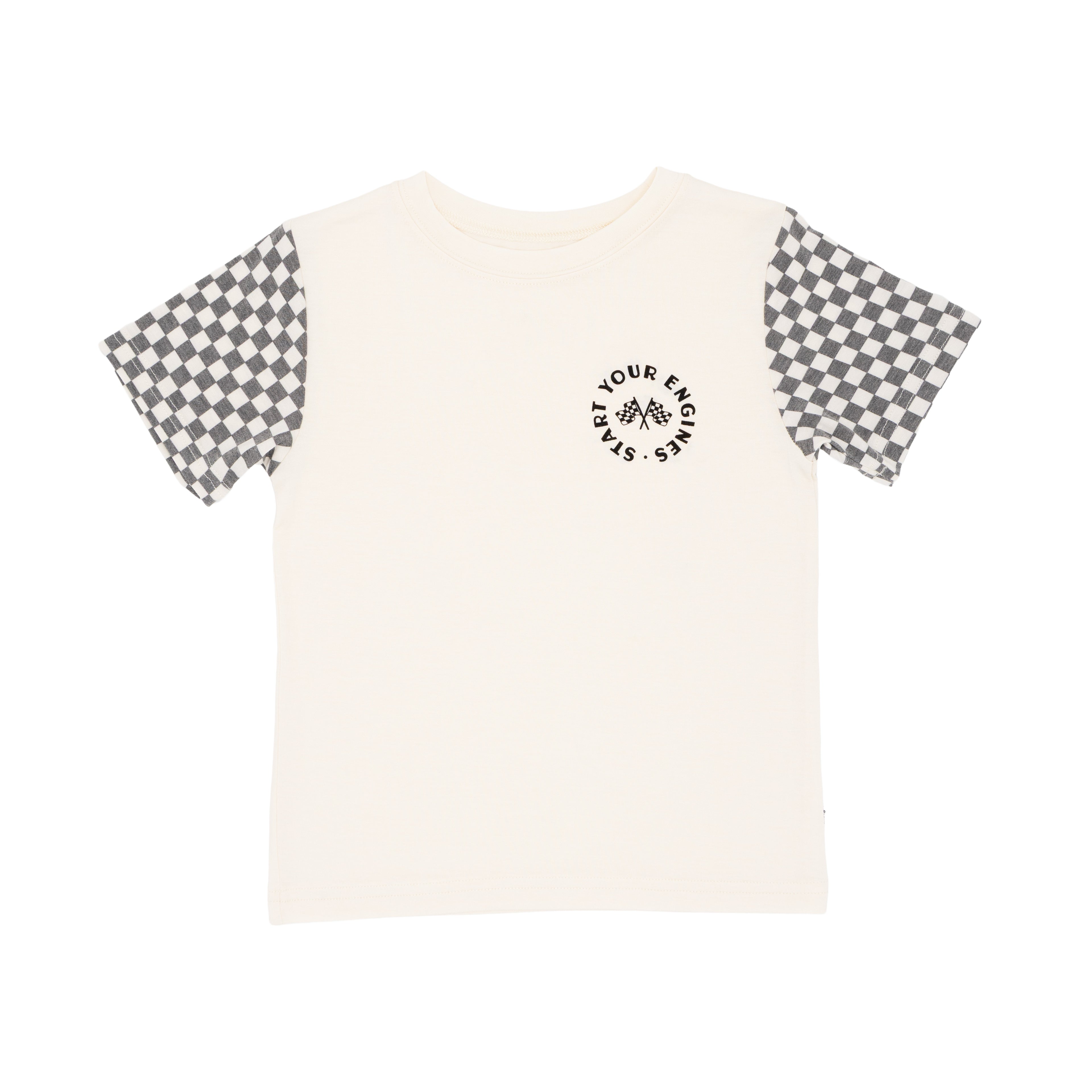 White t-shirt with checkered sleeves on a white background