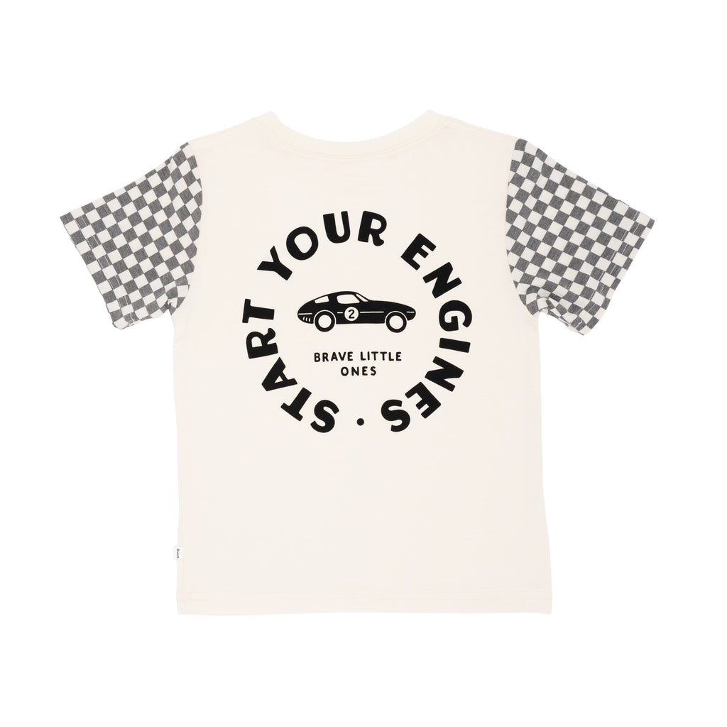Back view of a white t-shirt with checkered sleeves on a white background
