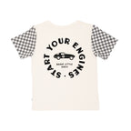 Back view of a white t-shirt with checkered sleeves on a white background