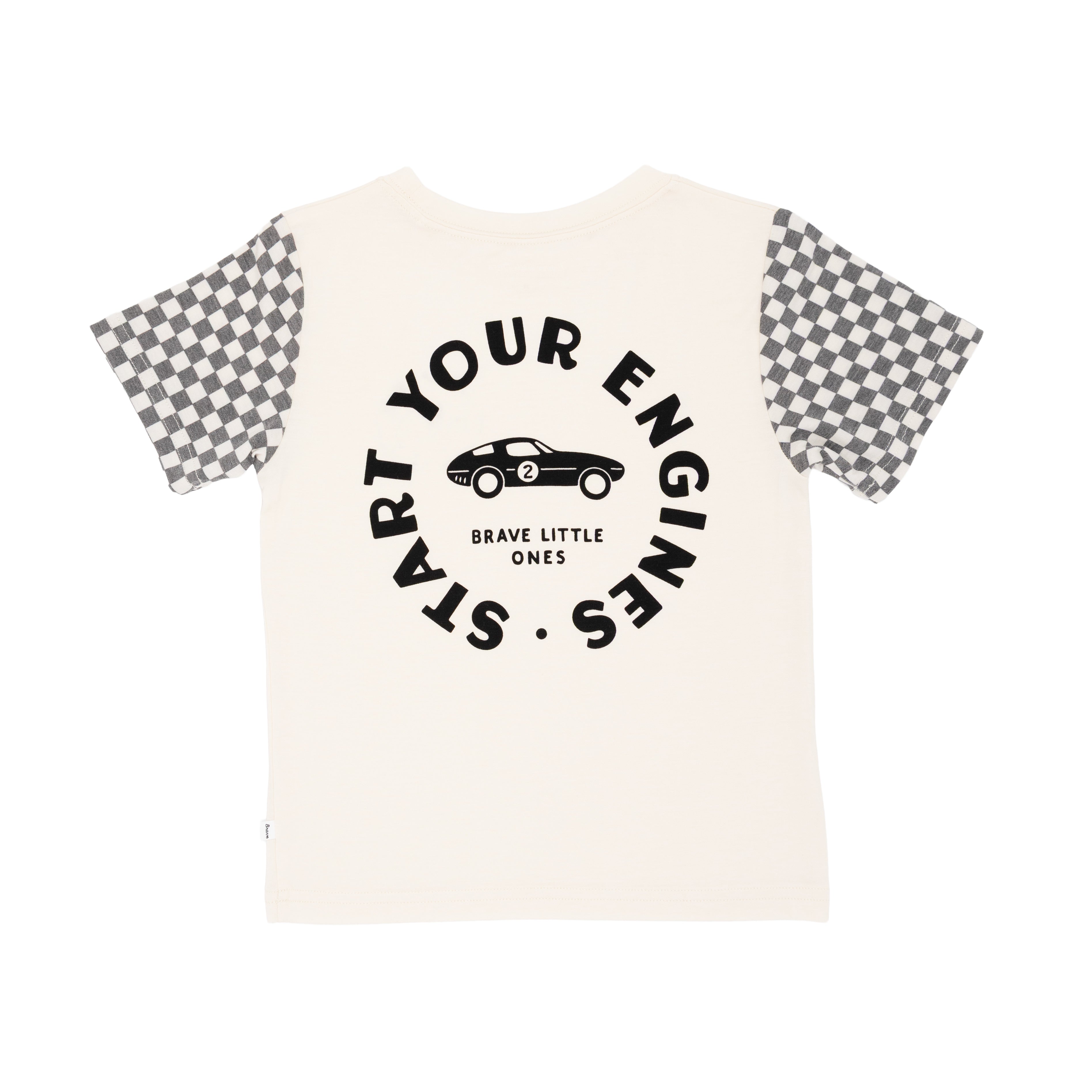 Back view of a white t-shirt with checkered sleeves on a white background