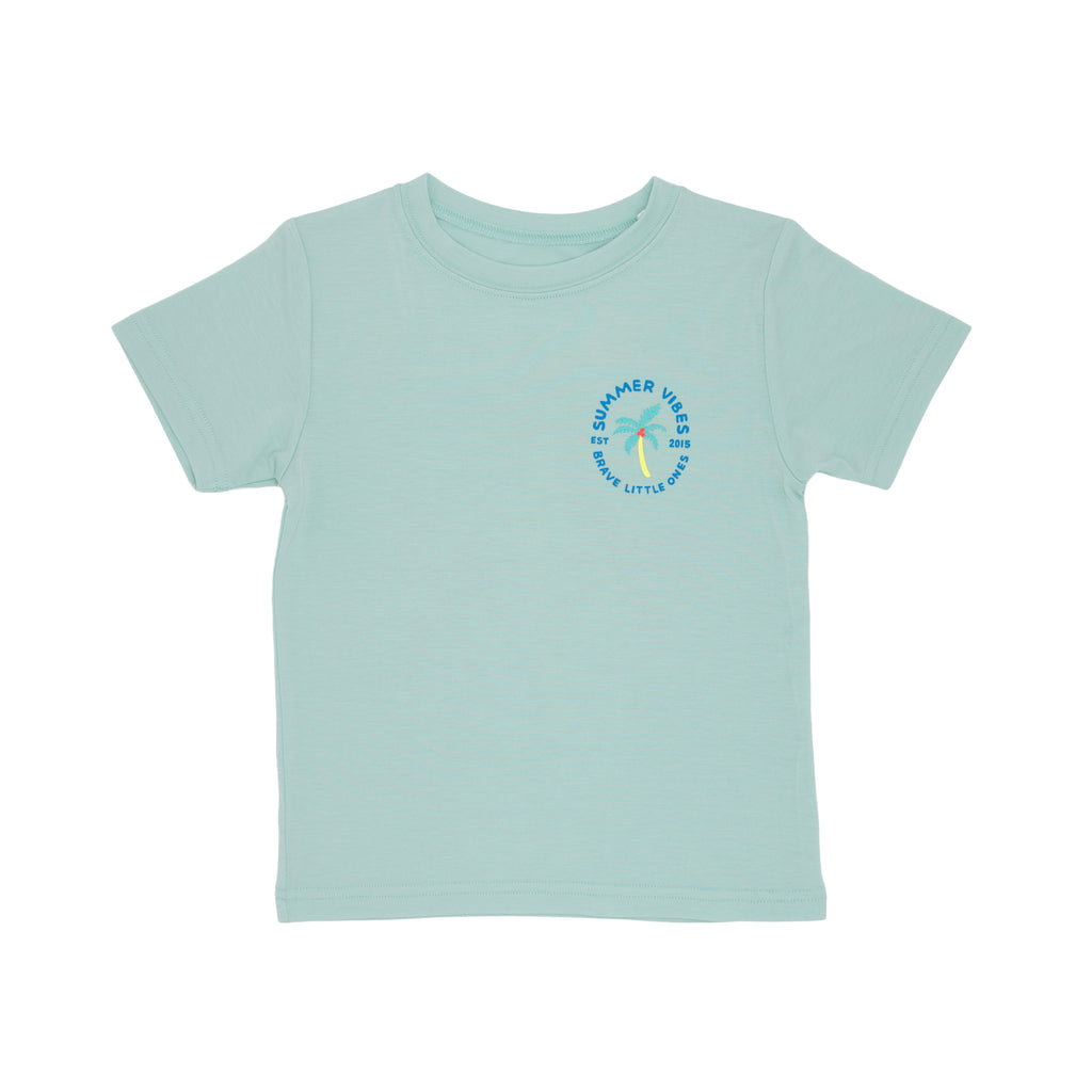 Light blue t-shirt with a palm tree design on a white background