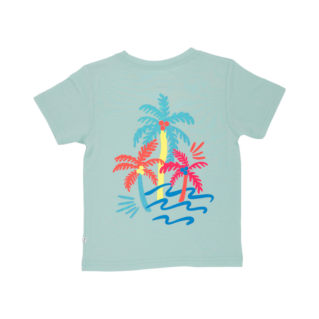 Back view of a light blue t-shirt with colorful palm tree design on a white background