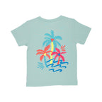 Back view of a light blue t-shirt with colorful palm tree design on a white background