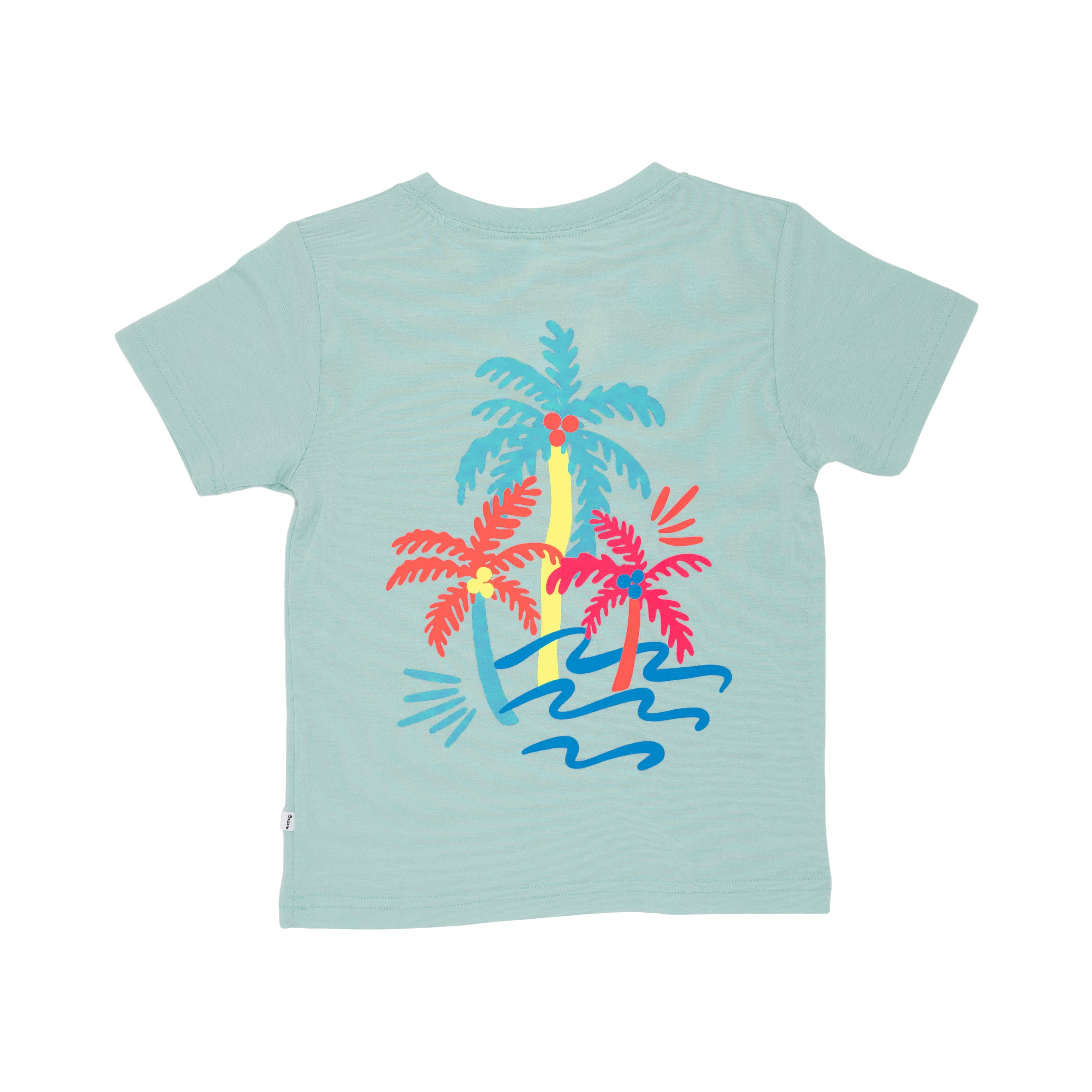 Back view of a light blue t-shirt with colorful palm tree design on a white background