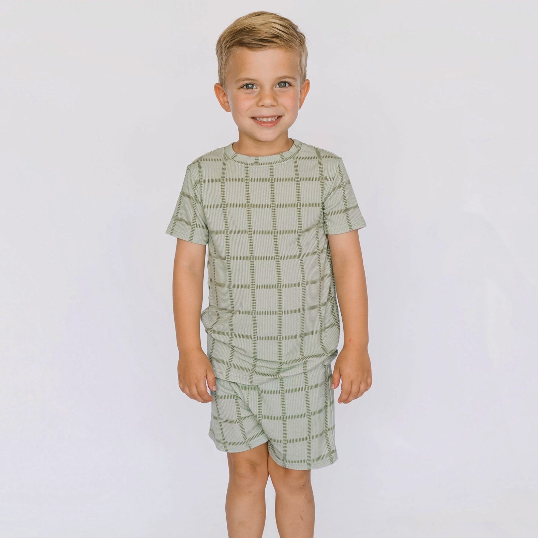 Grid Sage Green Small Ribbed Shorts Two-Piece Set