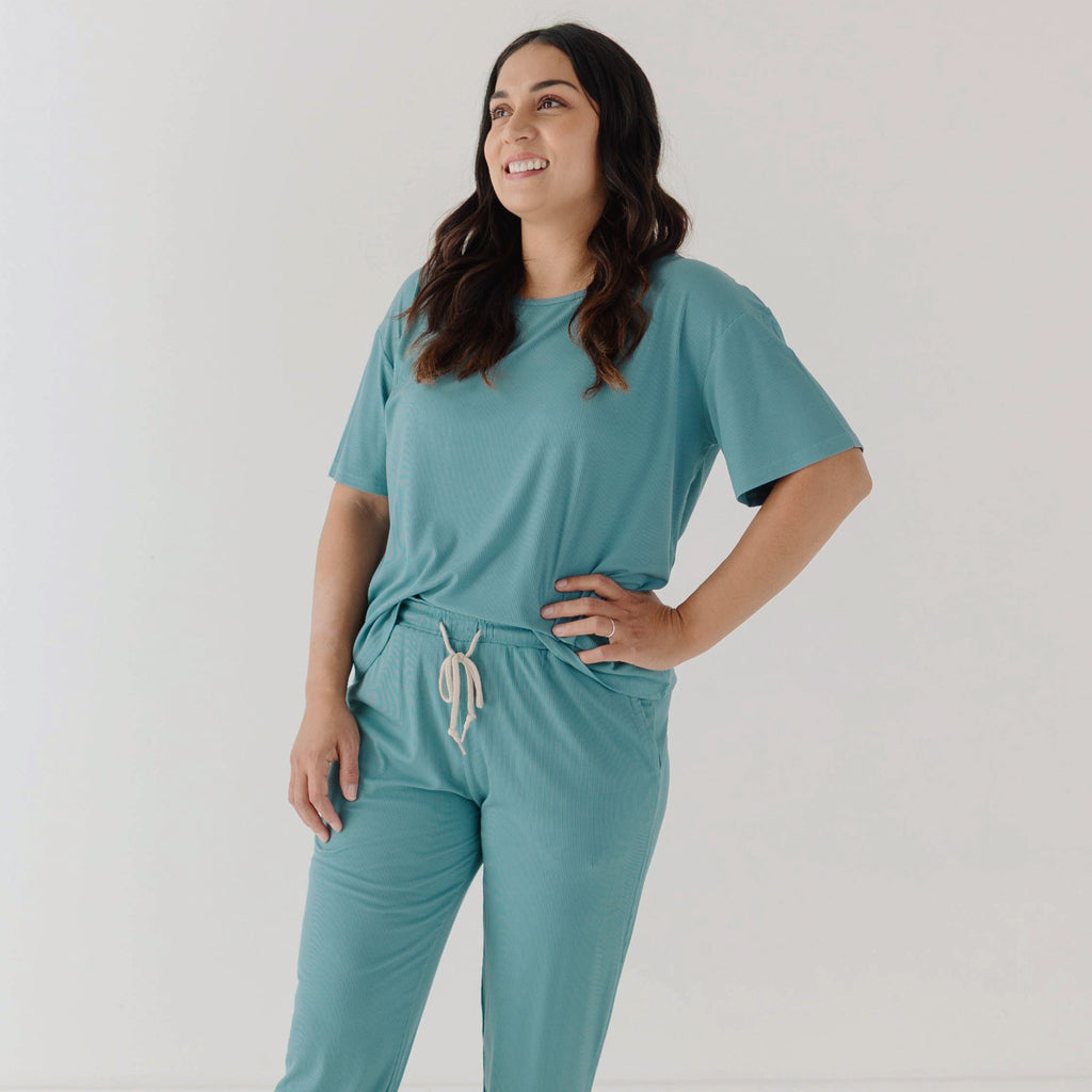 Glacier Blue Small Ribbed Women's Short Sleeve & Pants Matching Set