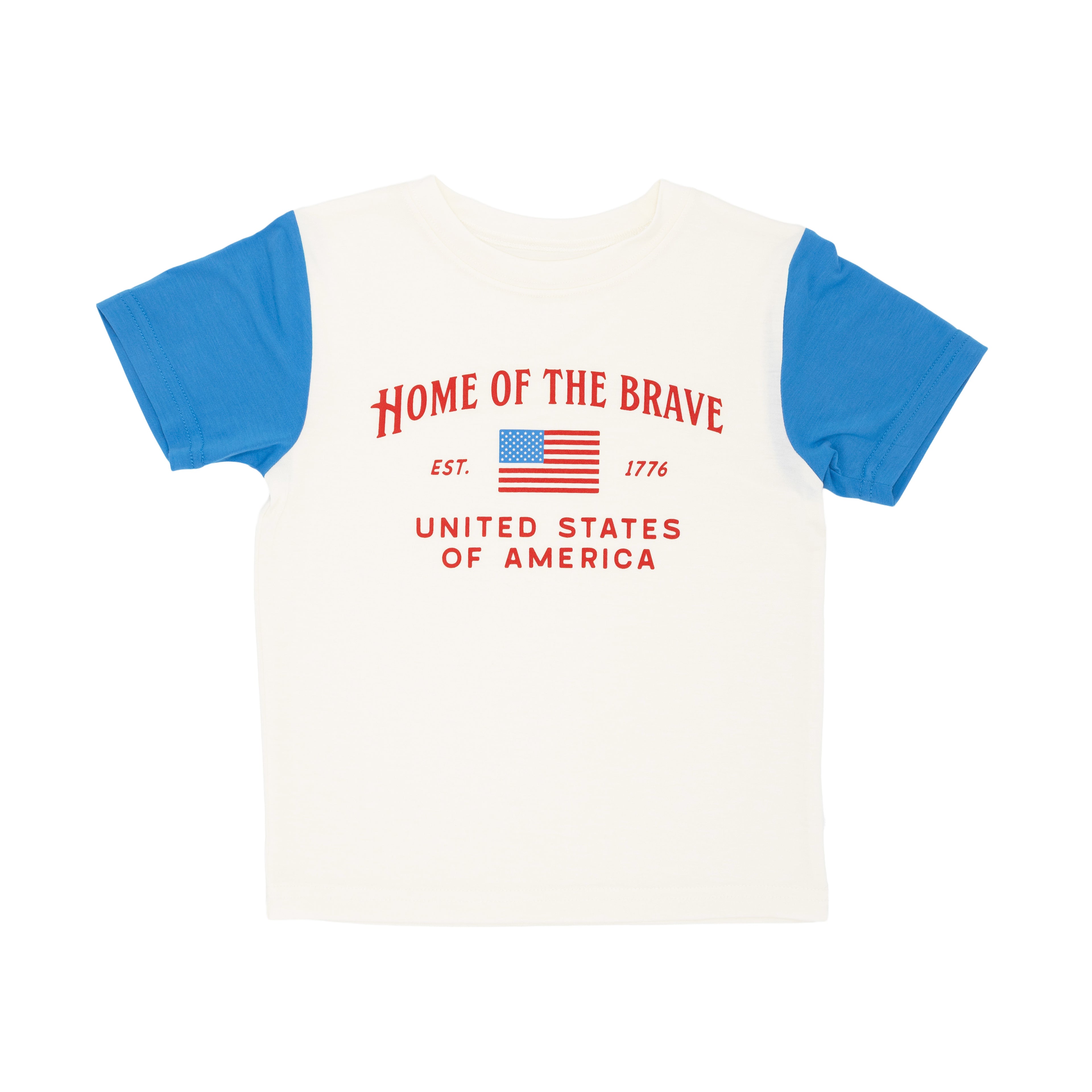 T-shirt with 'Home of the Brave' text and American flag on a white background