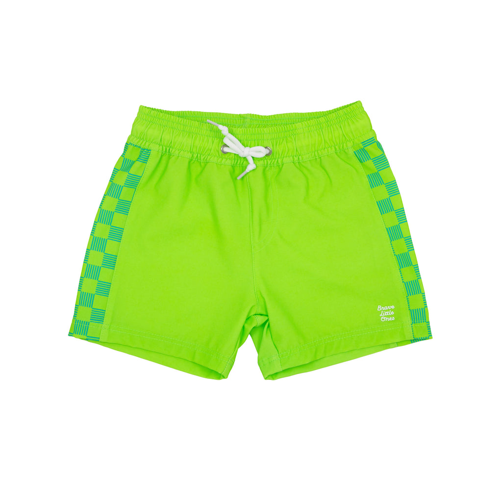 Green swim shorts with checkered side panels on a white background
