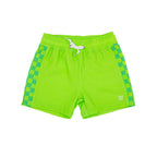 Green swim shorts with checkered side panels on a white background
