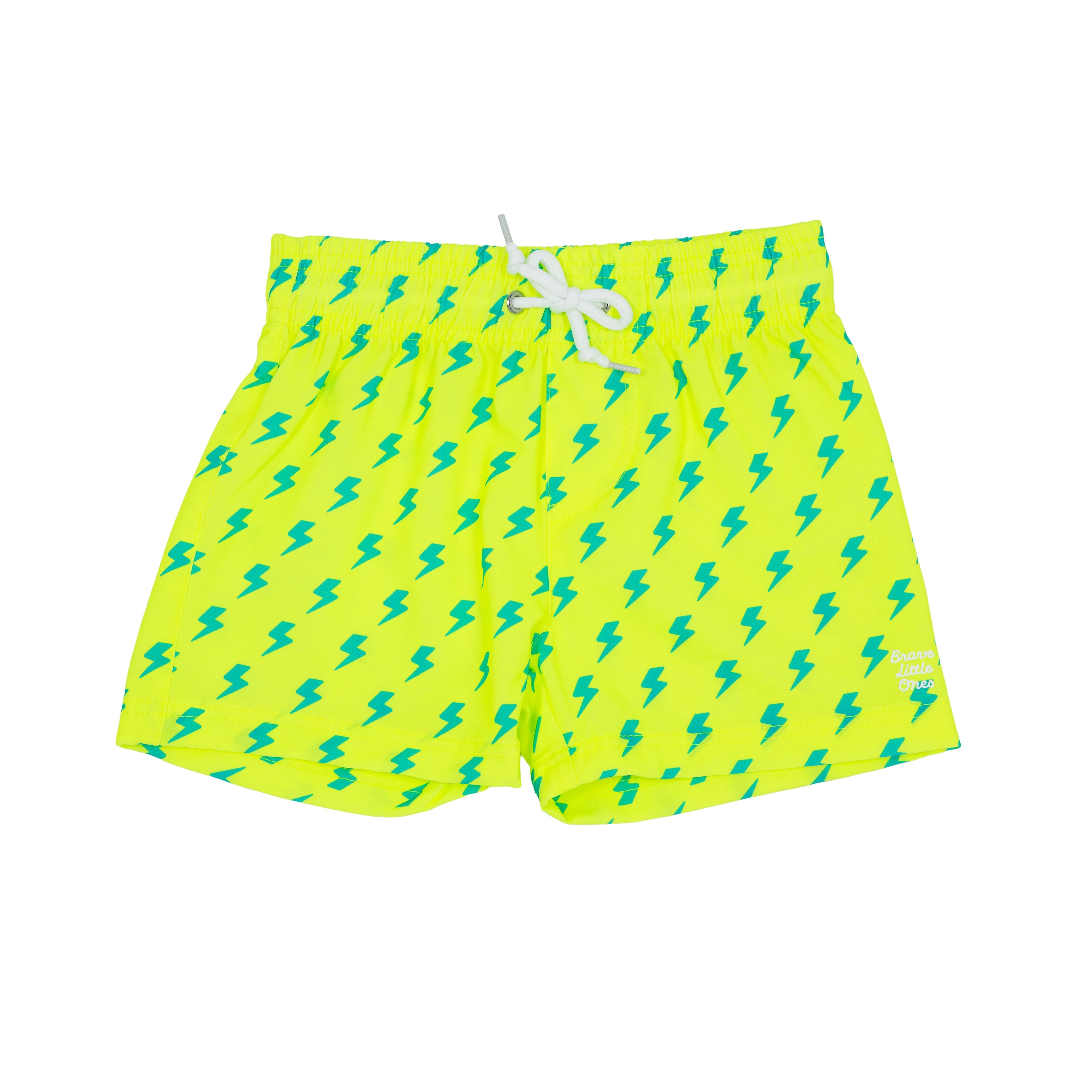 Neon yellow swim shorts with blue lightning bolt pattern on a white background