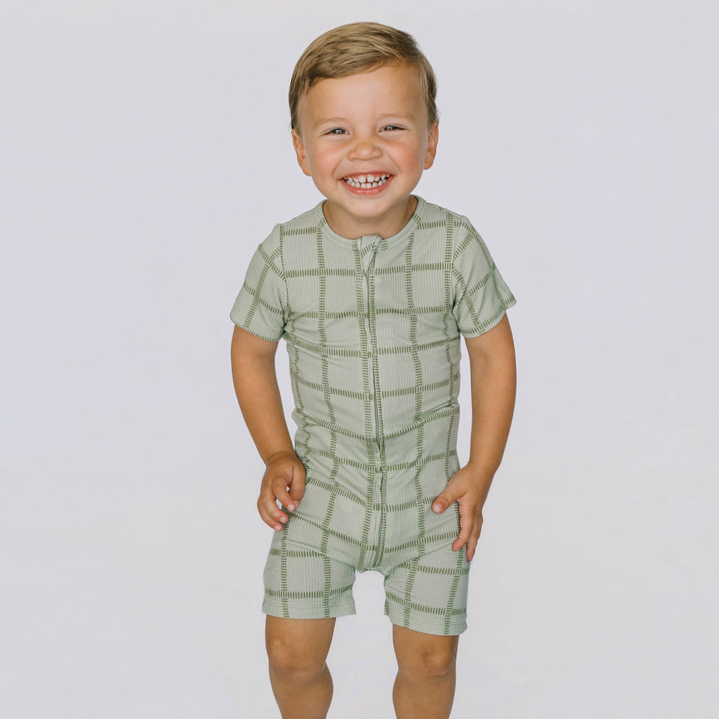 Grid Sage Green Small Ribbed Summer Zip Romper