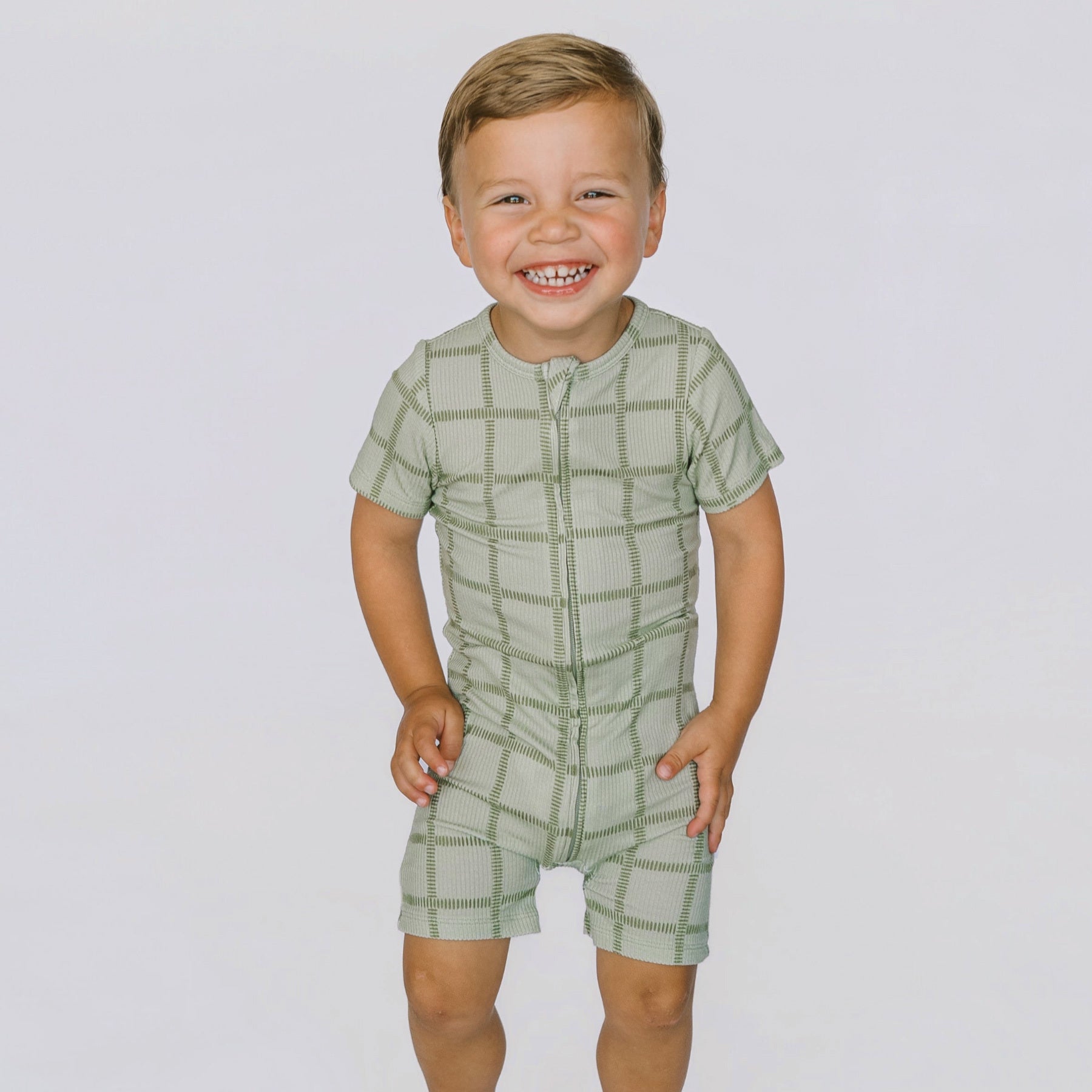 Grid Sage Green Small Ribbed Summer Zip Romper