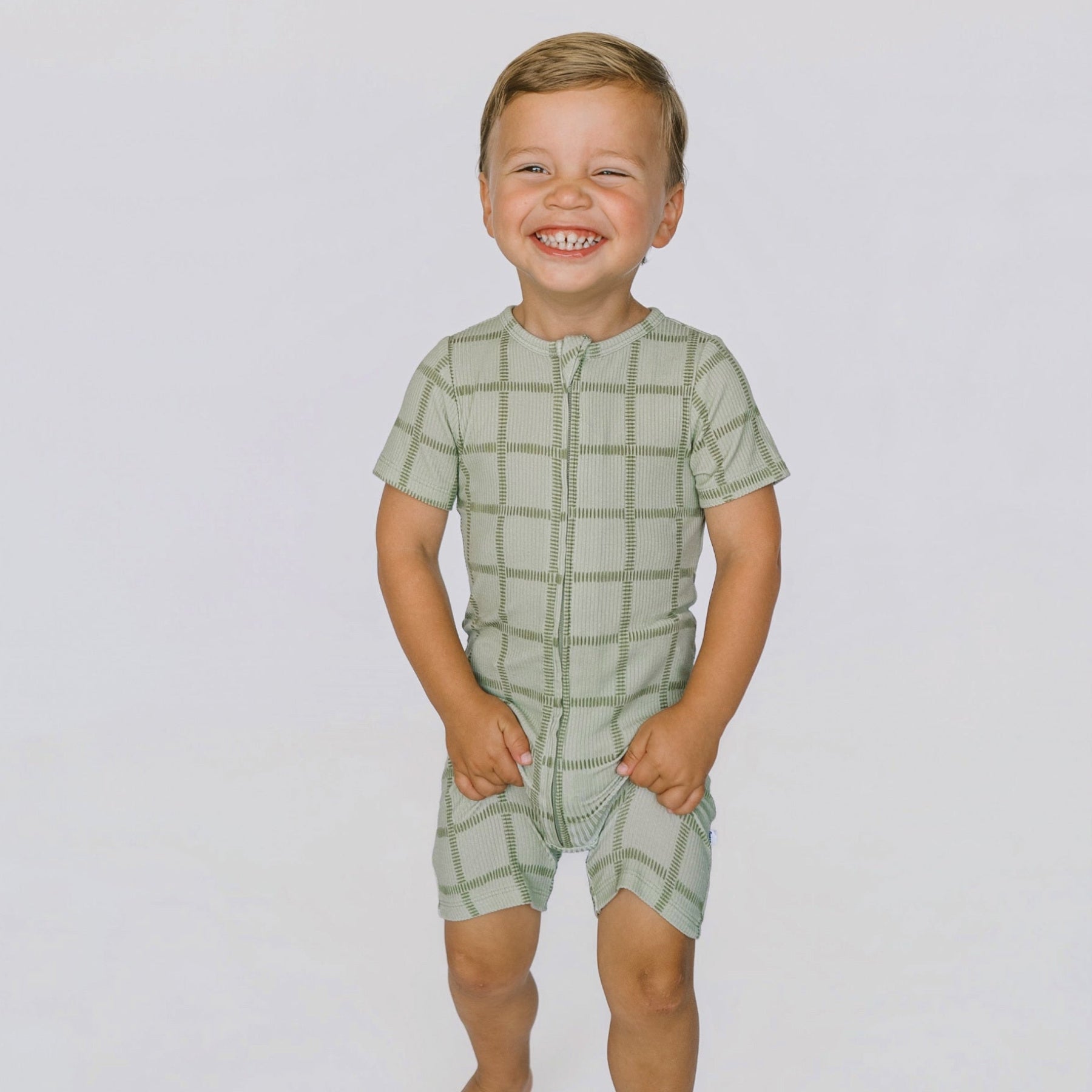 Grid Sage Green Small Ribbed Summer Zip Romper