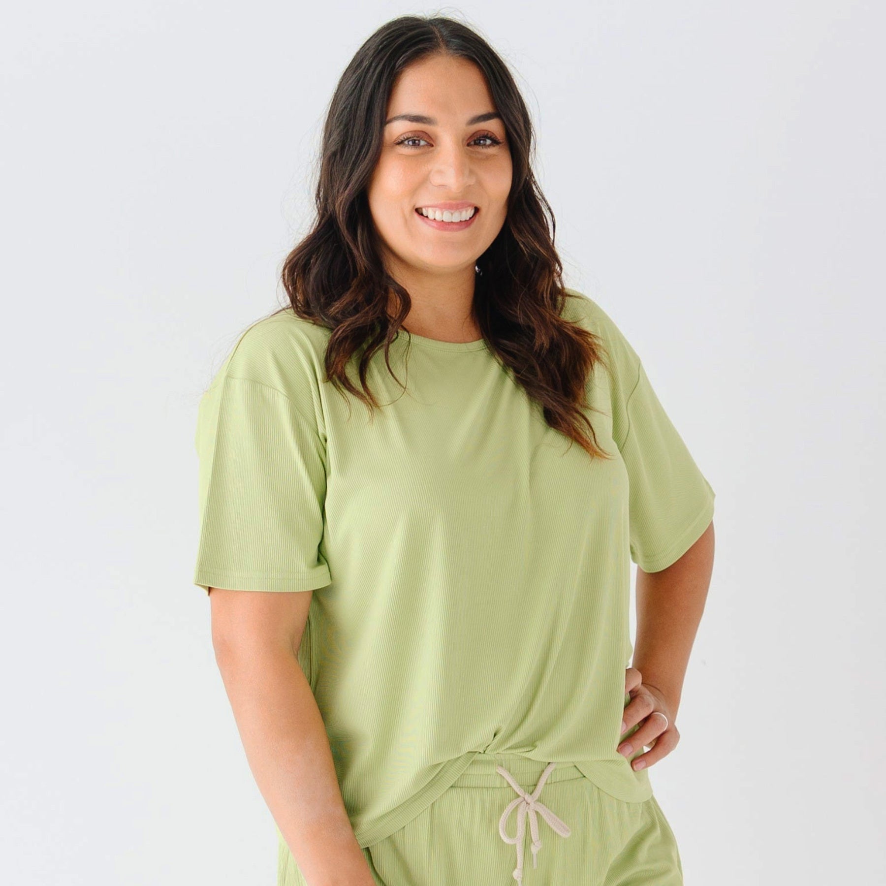 Tarragon Green Small Ribbed Women's Short Sleeve & Pants Matching Set