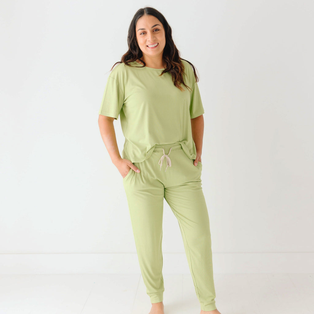 Tarragon Green Small Ribbed Women's Short Sleeve Top