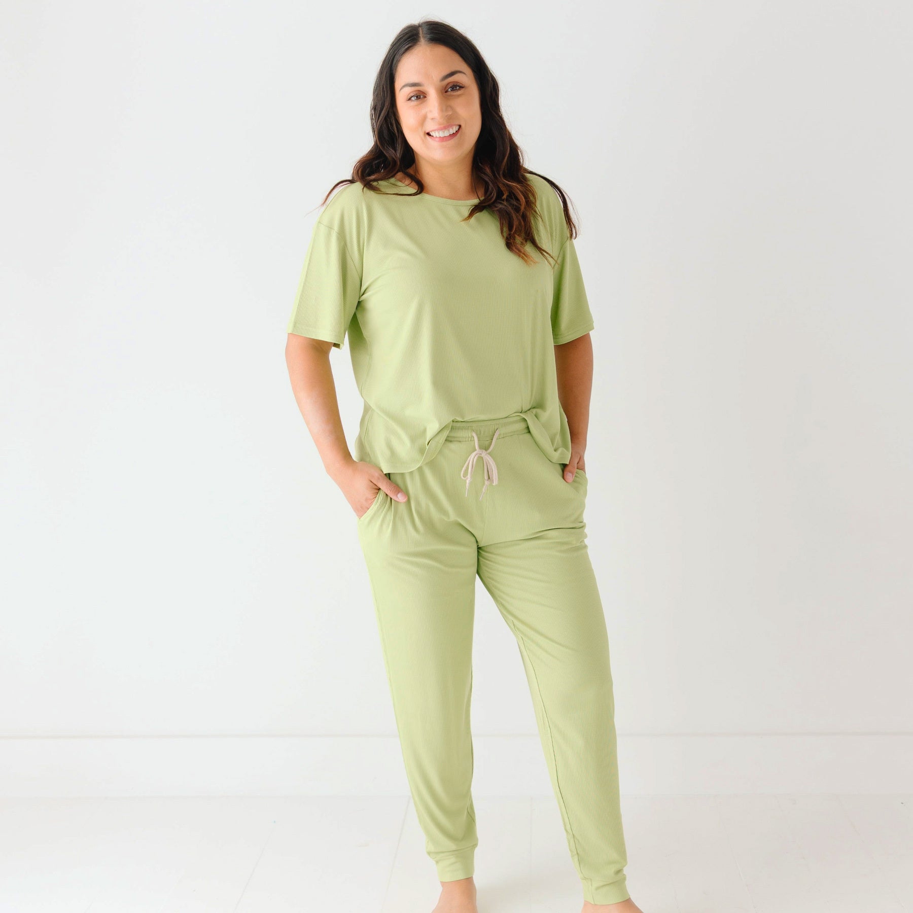 Tarragon Green Small Ribbed Women's Short Sleeve & Pants Matching Set